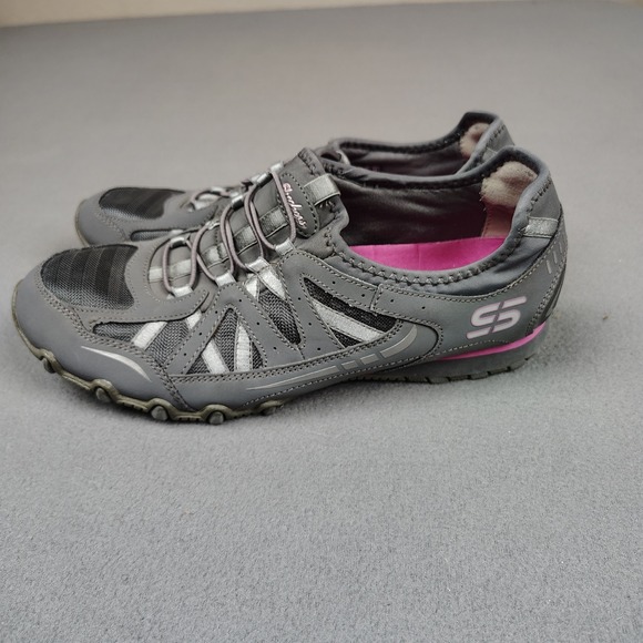 Skechers Shoes - Skechers Biker Shoe Women Sz 9 Gray Pink Leather Bungee Slip On Sneaker Walking